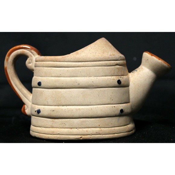 Pottery Watering Can Planter Small Beige Tan Clay Floral Green Glaze Accents - Picture 4 of 9